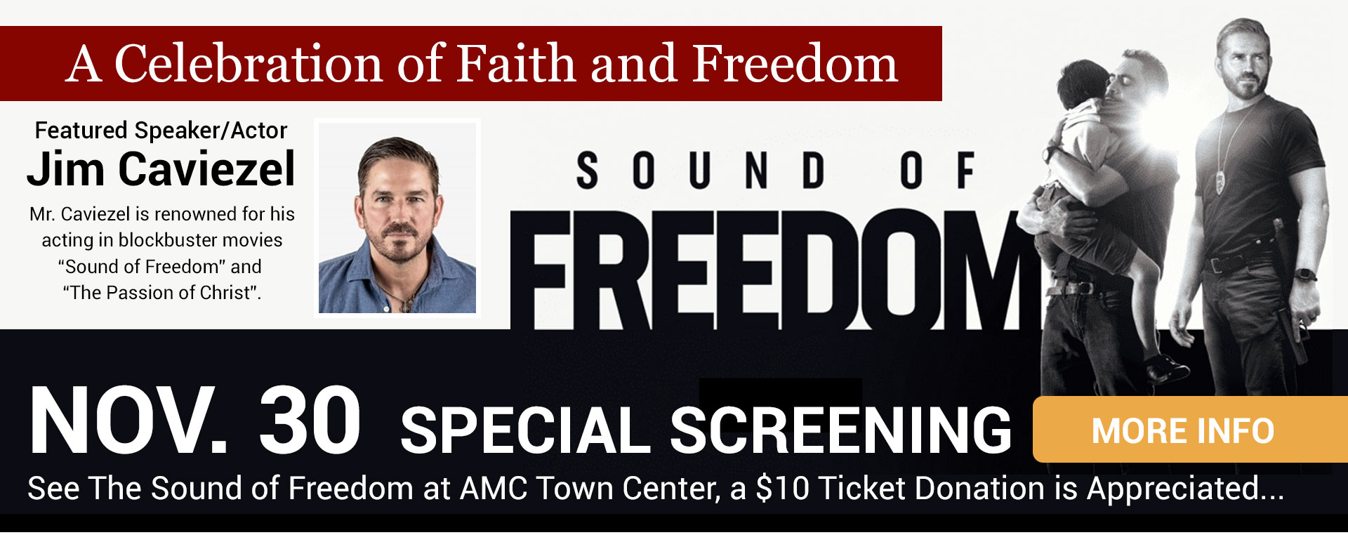 Jim Caviezel Featured Speaker and Sound of Freedom lead actor, speaks at private event presented by The Wilberforce Team, Hunter Nation Foundation and ReHope